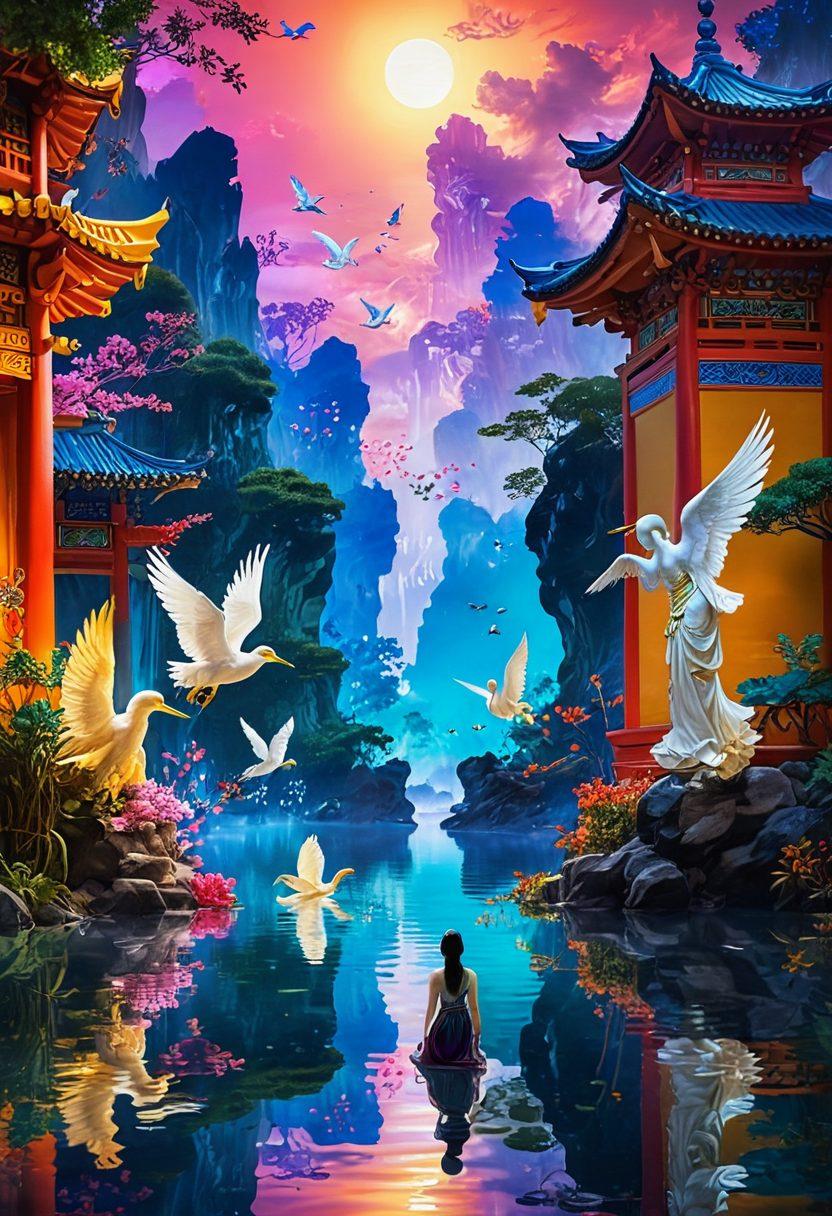 A serene scene depicting an ethereal representation of angels guiding a diverse group of people navigating through an expansive digital landscape filled with vibrant blogs and spiritual symbols. The background features a blend of traditional Asian architecture and modern digital elements, showcasing harmony between culture and technology. Warm, soft lighting highlights the figures, evoking a sense of peace and enlightenment. fantasy art. vibrant colors. digital collage.