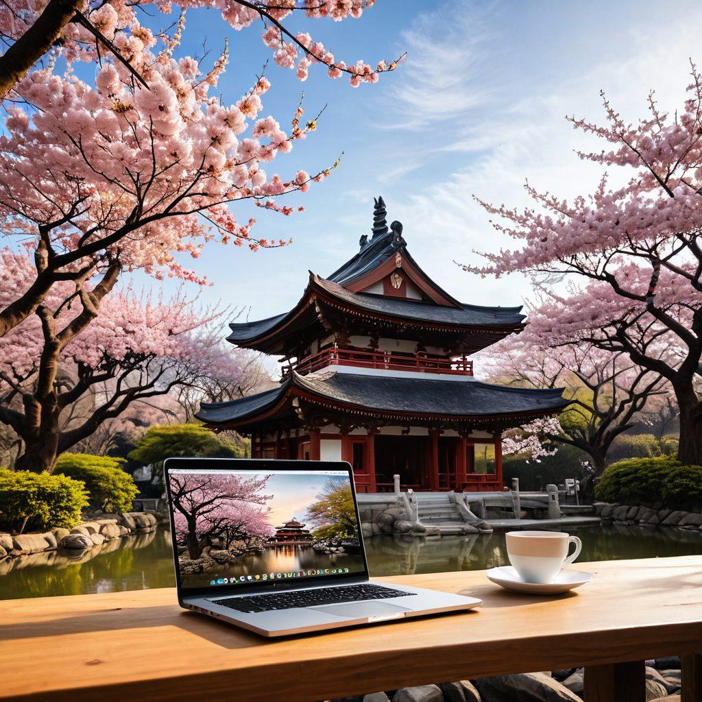 A serene landscape blending traditional Asian architecture with modern blogging elements, featuring a tranquil temple and a glowing laptop. Ethereal light beams symbolize spiritual guidance, while cherry blossoms subtly dance in the foreground. Warm colors radiate a sense of peace and heritage connection. super-realistic. vibrant colors. soft focus.
